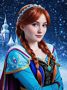 Woman in Blue and Purple Cosplay at Snowy Castle