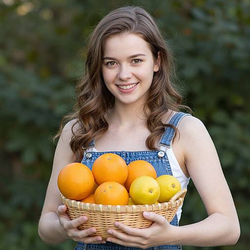 Young Woman Holding Basket of Oranges and Lemons in Denim Overalls
