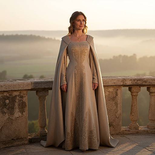 Elegant Woman in Medieval Embroidered Gown on Stone Balcony