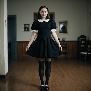 Young Woman in Classic Wednesday Addams Black Dress with Pantyhose