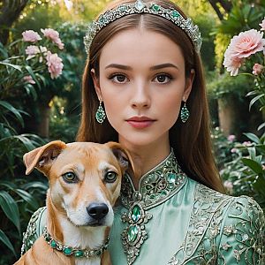 Elegant Young Woman with Dog in Blooming Garden