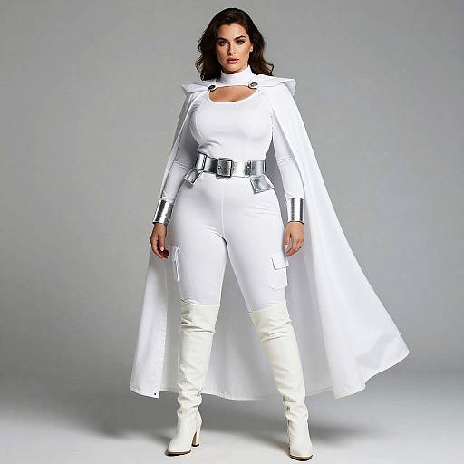 Woman in Futuristic White Jumpsuit with Cape and Silver Accents