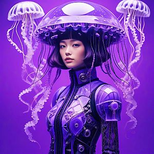Futuristic Woman in Translucent Bodysuit with Jellyfish Helmet