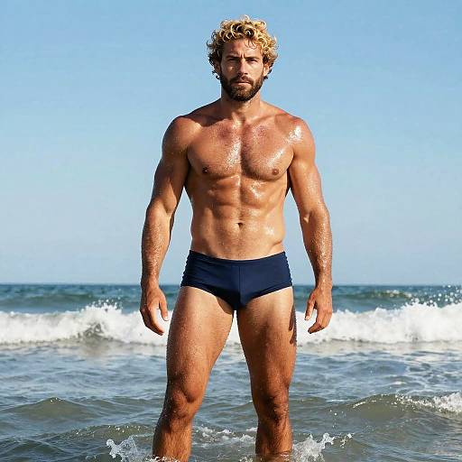 Fit Man Standing in Ocean Waves Wearing Navy Swim Trunks