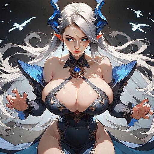 Fantasy Anime Elf Woman in Blue and Black Corset Digital Art Illustration