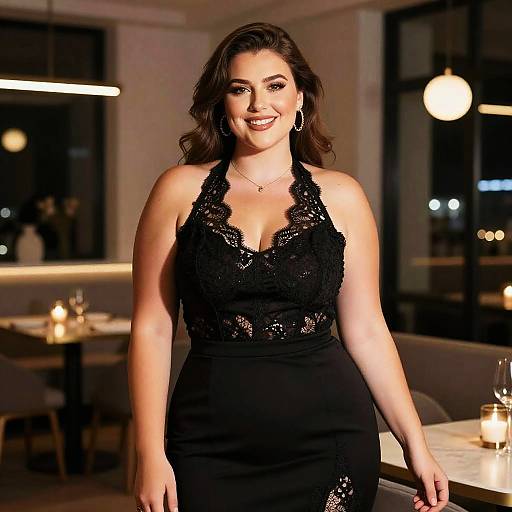 Plus Size Woman in Elegant Sleeveless Black Cocktail Dress with Lace Detail