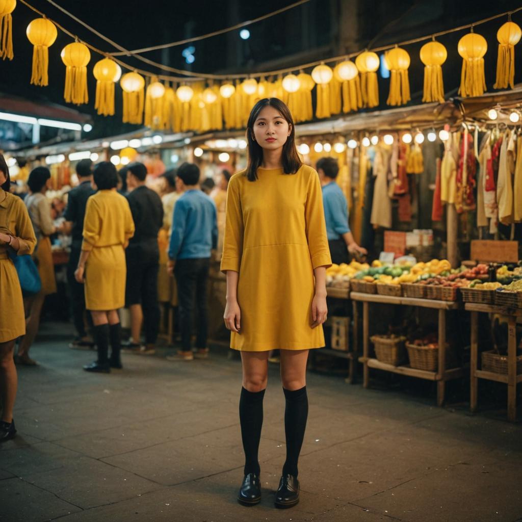 Woman in Yellow Dress at Night Market