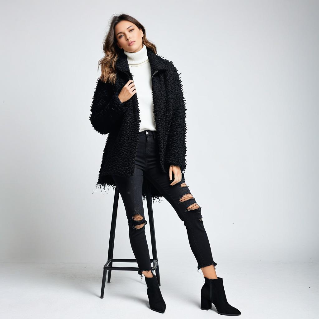 Chic Woman in Black Coat and White Turtleneck Chic Woman in Black Coat and White Turtleneck