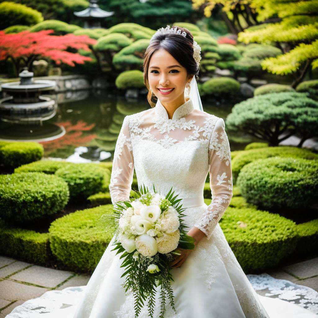 Joyful Bride in Lace Gown at Japanese Garden