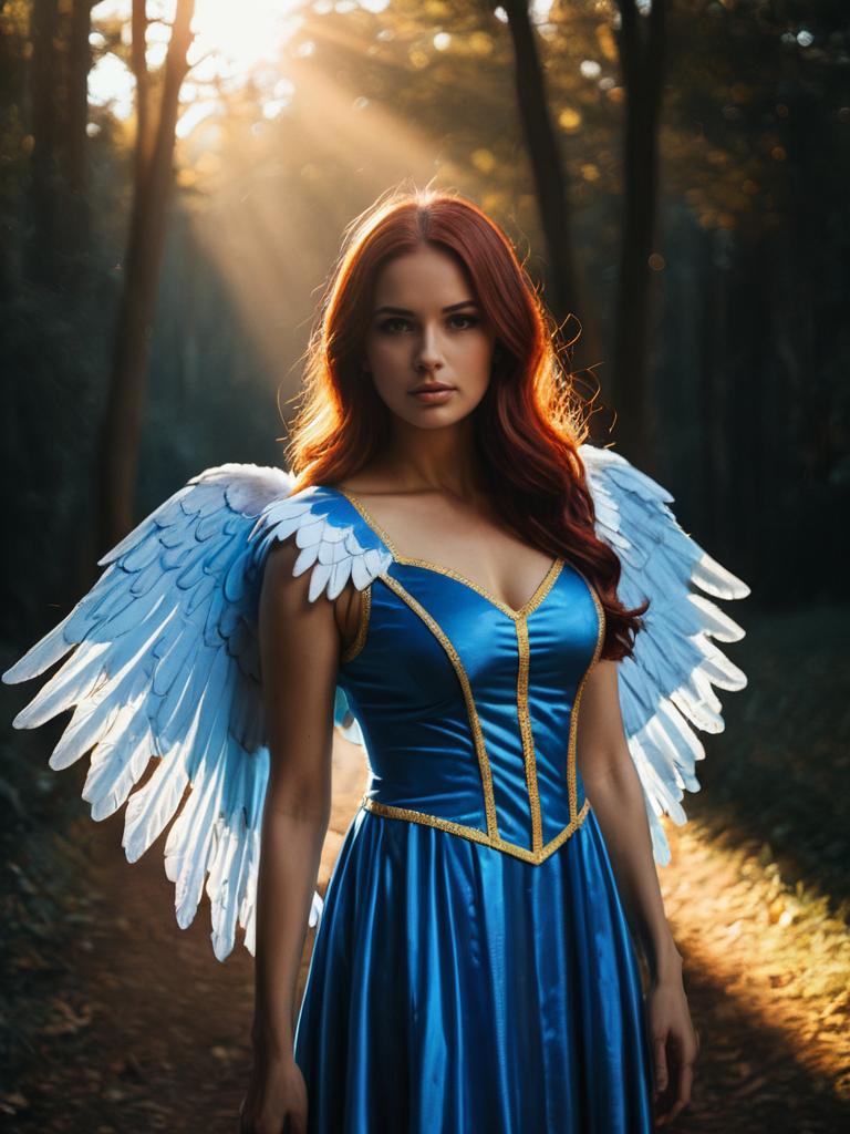 Woman in Blue Angel Wings Costume with Cinematic Realism in Forest