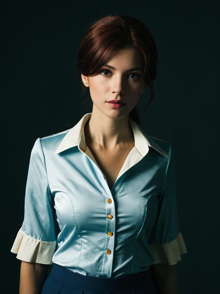 Realistic Sasha Cosplay Woman in Elegant Blue Satin Blouse Costume