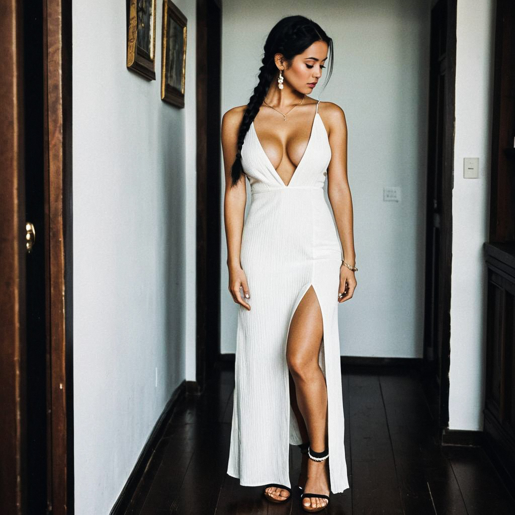 Elegant Woman in White Dress with Braids