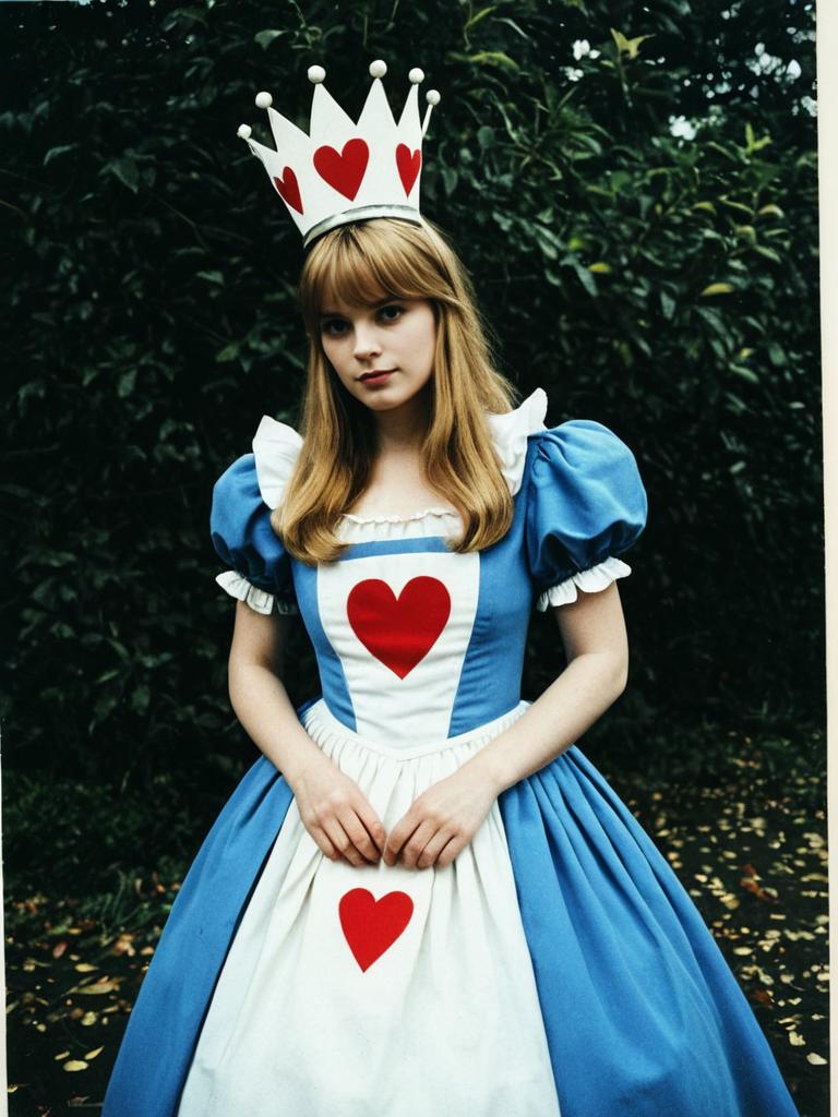Woman in Queen of Hearts Costume with Blue Dress and Crown