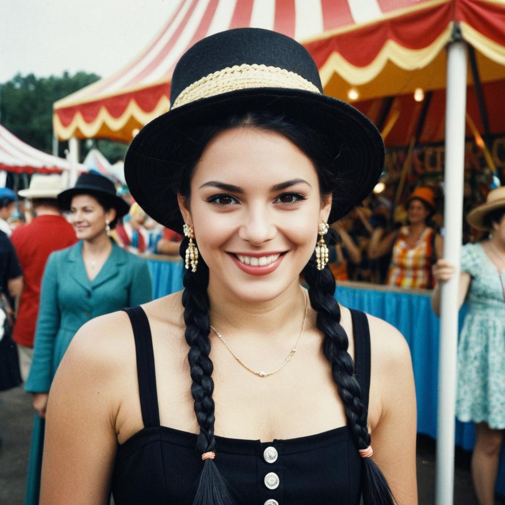 Smiling Woman with Twin Braids and Black Hat at Carnival Costume Event