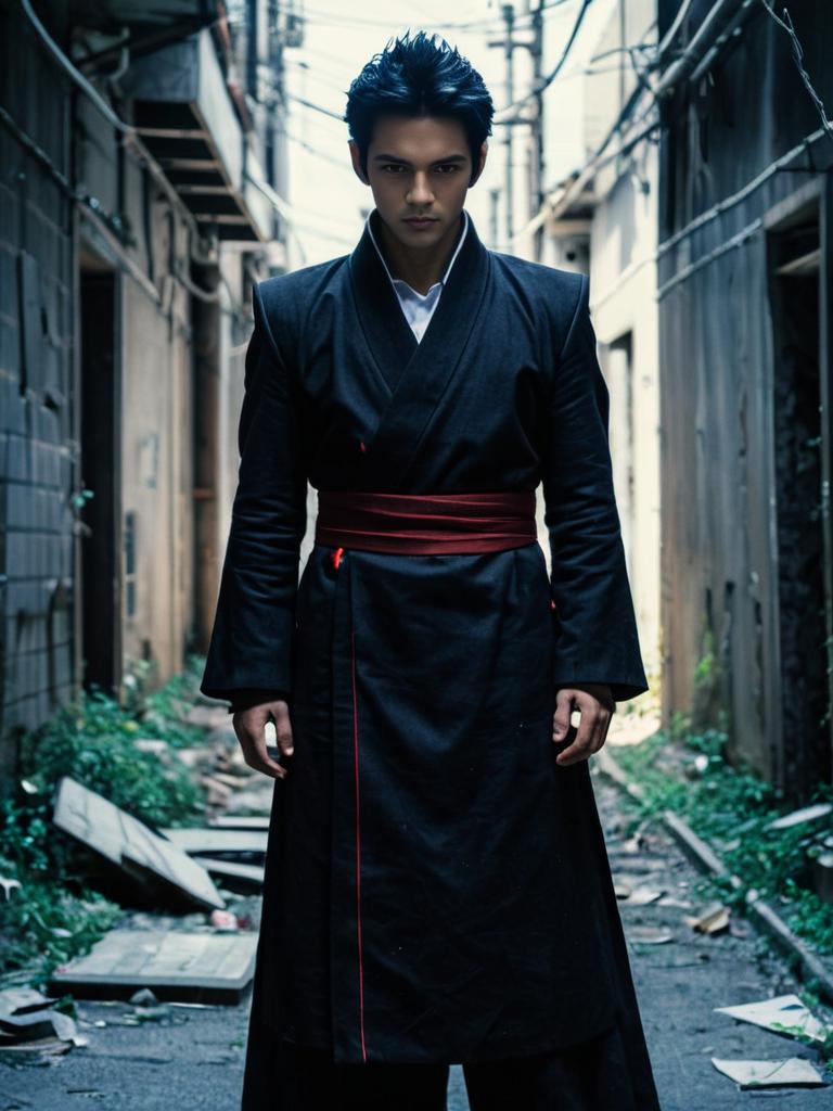 Man in Black Kimono with Red Obi Standing in Urban Alleyway