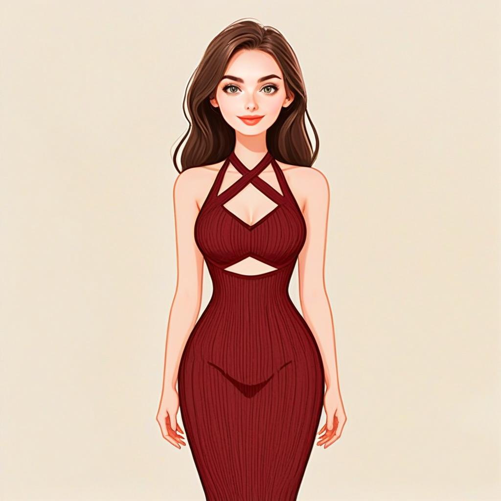 Beautiful Woman with Pretty Hair in Stylish Maroon Dress Illustration