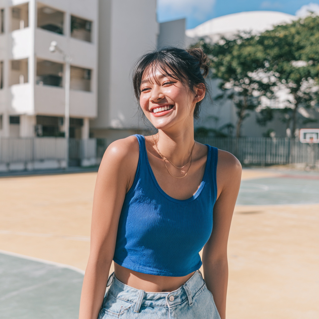 Joyful Woman Laughing Outdoors in Blue Crop Top Joyful Woman Laughing Outdoors in Blue Crop Top