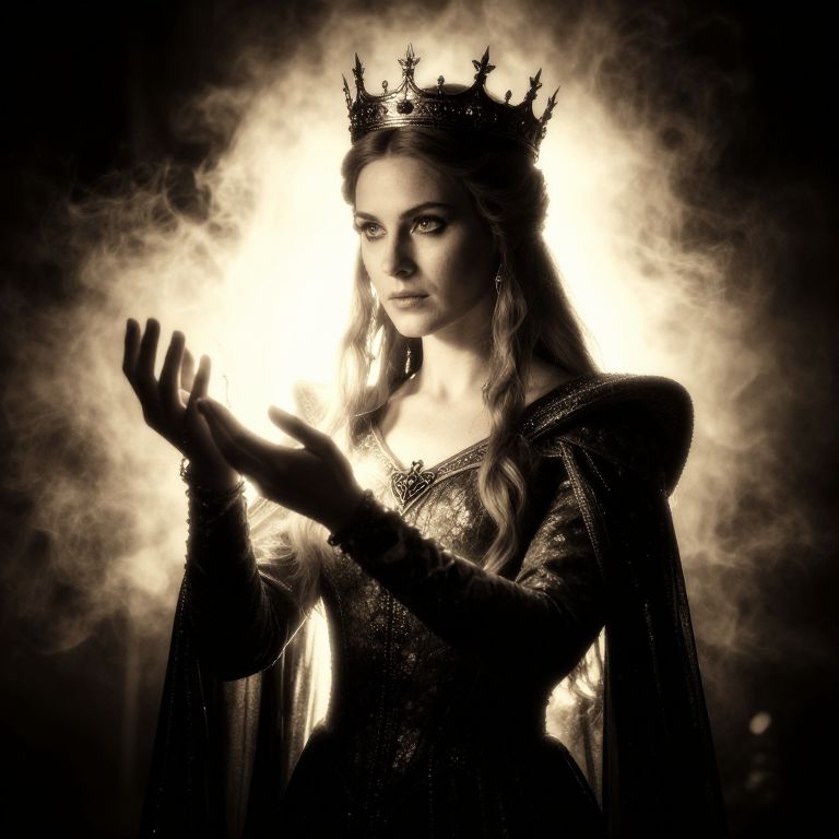 Regal Woman in Medieval Gown and Crown with Mystical Backlight