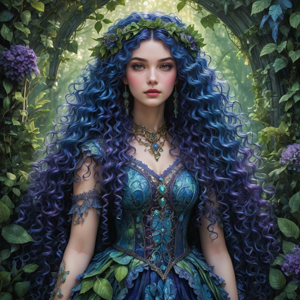 Striking Woman in Blue Curls in Lush Garden Striking Woman in Blue Curls in Lush Garden