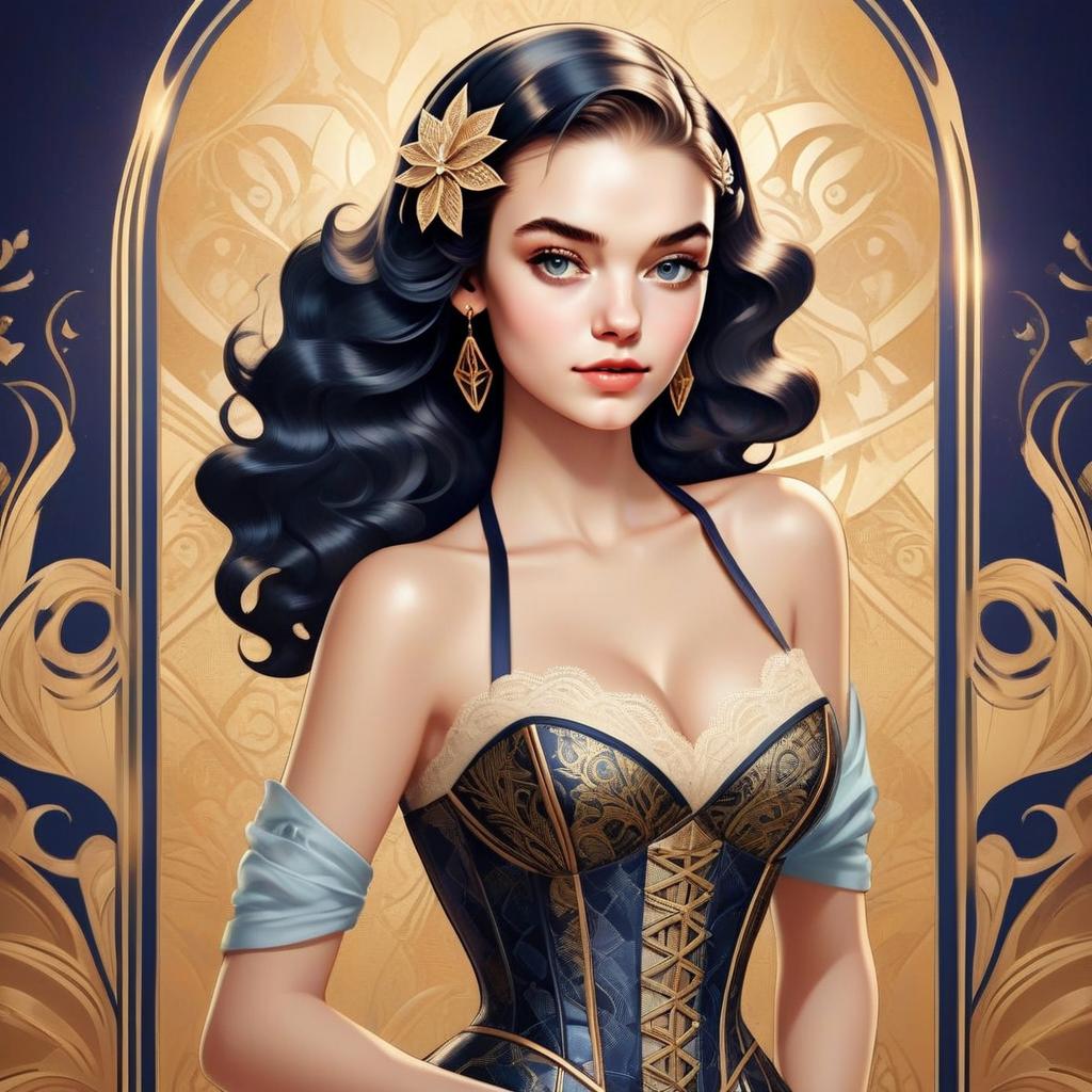 Digital Portrait of a Woman in Blue and Gold Corset