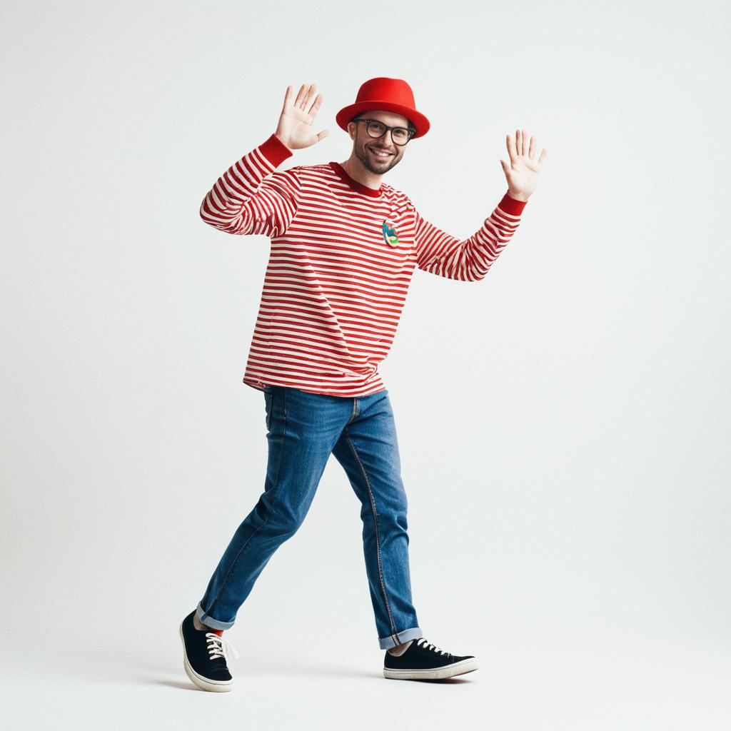 Man Wearing Waldo Costume with Red and White Striped Shirt and Red Hat