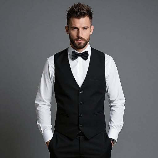 Confident Man in Classic Black Vest and Bow Tie Formal Attire