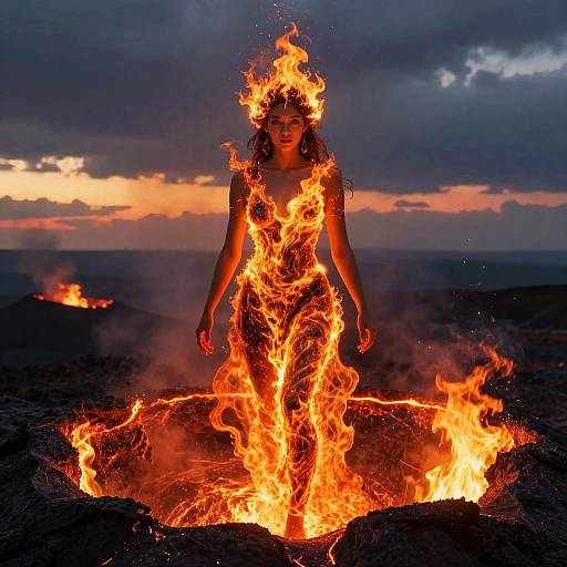 Woman Surrounded by Flames Emerging from Fiery Crater at Dusk