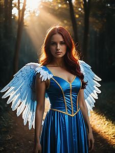 Woman in Blue Angel Wings Costume with Cinematic Realism in Forest