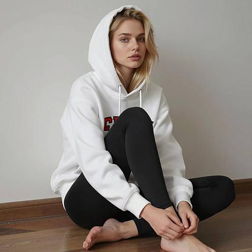 Young Woman in White Hoodie and Black Leggings Sitting Indoors