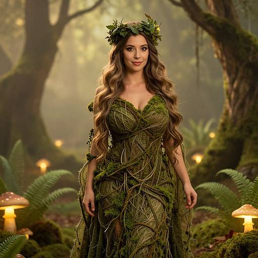 Forest Fairy Woman in Moss and Twig Gown with Leaf Crown