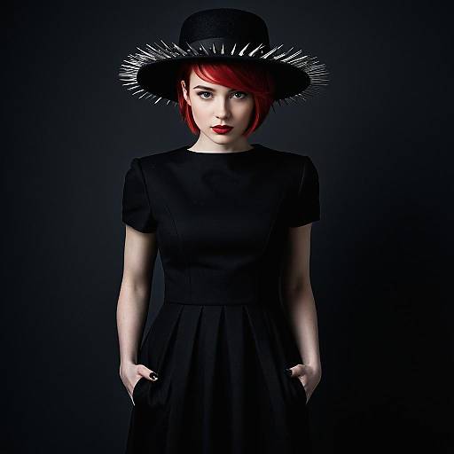 Woman in Black Dress and Spiked Hat with Red Hair Gothic Fashion Portrait