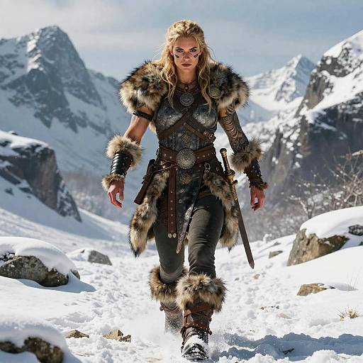 Viking Woman Warrior in Snowy Mountain Landscape