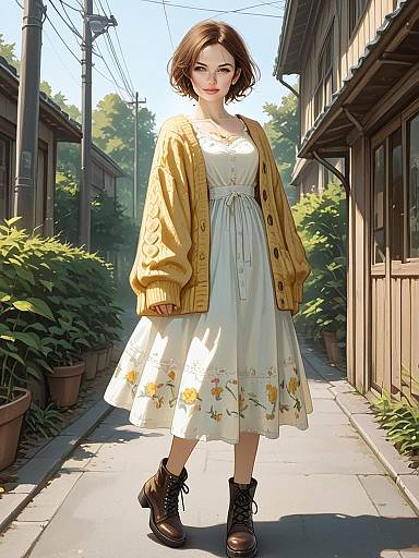 Realistic Portrait of Woman in Bohemian Linen A-Line Sundress with Yellow Cardigan