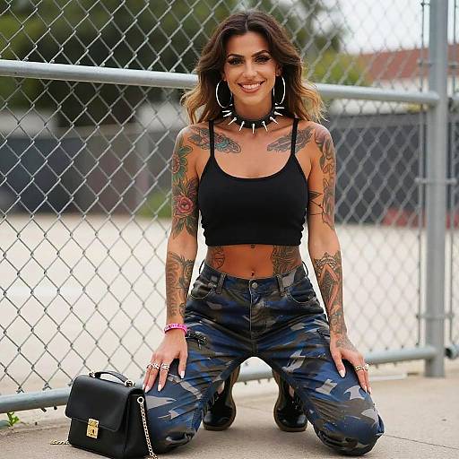 Tattooed Woman in Black Crop Top and Camouflage Pants Outdoor Portrait