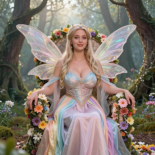 Fairy Queen in Pastel Rainbow Gown with Iridescent Wings in Enchanted Forest