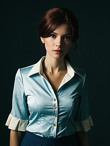 Realistic Sasha Cosplay Woman in Elegant Blue Satin Blouse Costume