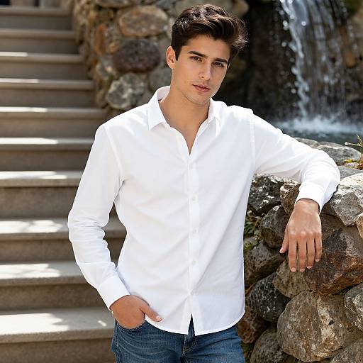 Young Man in White Shirt Leaning on Stone Wall Outdoors