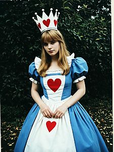 Woman in Queen of Hearts Costume with Blue Dress and Crown