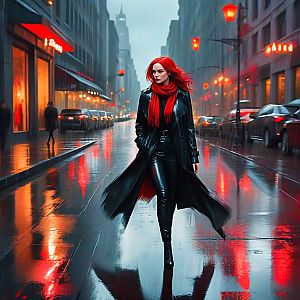 Striking Woman in Red Hair and Leather Coat on Rainy City Street