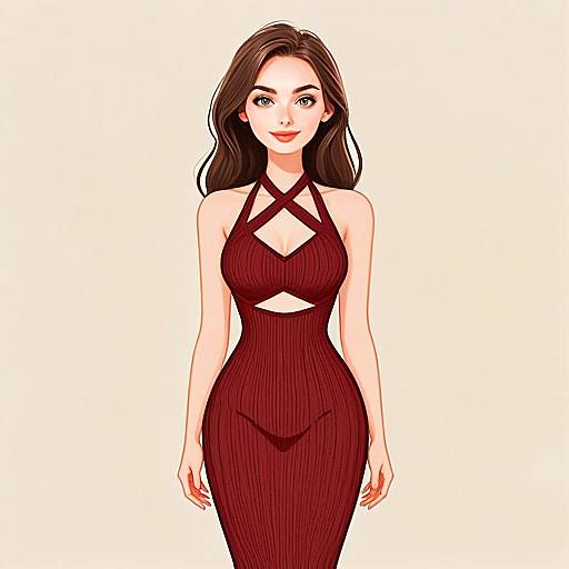 Beautiful Woman with Pretty Hair in Stylish Maroon Dress Illustration