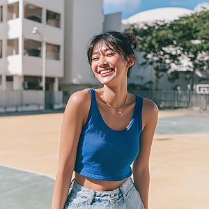 Joyful Woman Laughing Outdoors in Blue Crop Top
