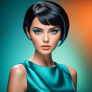 Woman with Teal Highlights in Satin Dress