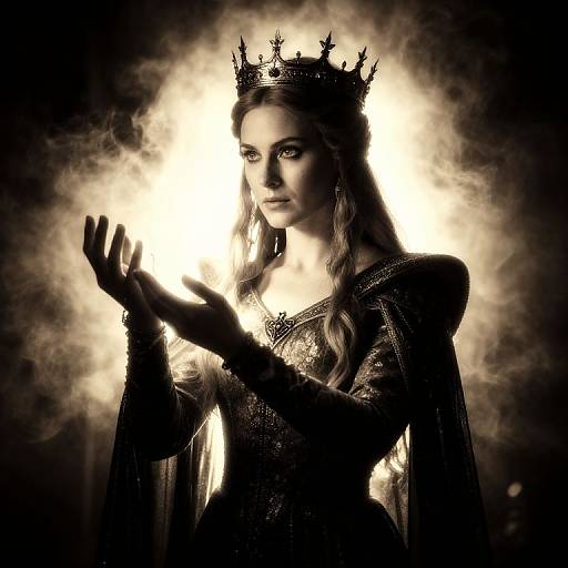 Regal Woman in Medieval Gown and Crown with Mystical Backlight