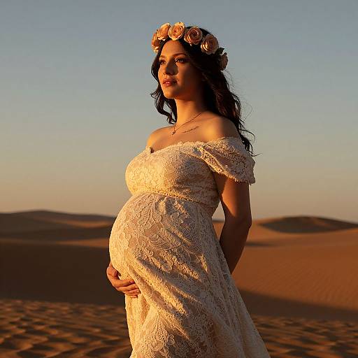 Pregnant Woman in Lace Dress with Flower Crown in Desert at Sunset