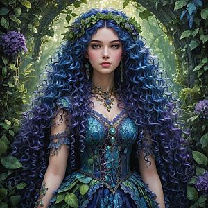 Striking Woman in Blue Curls in Lush Garden