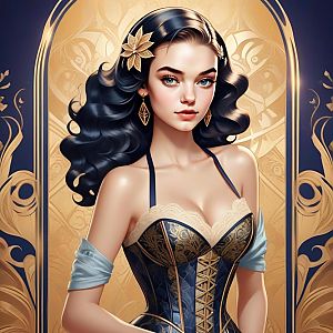 Digital Portrait of a Woman in Blue and Gold Corset