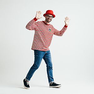 Man Wearing Waldo Costume with Red and White Striped Shirt and Red Hat