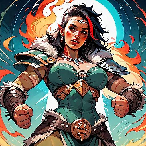 Fierce Woman Warrior in Green Armor with Flames Fantasy Illustration