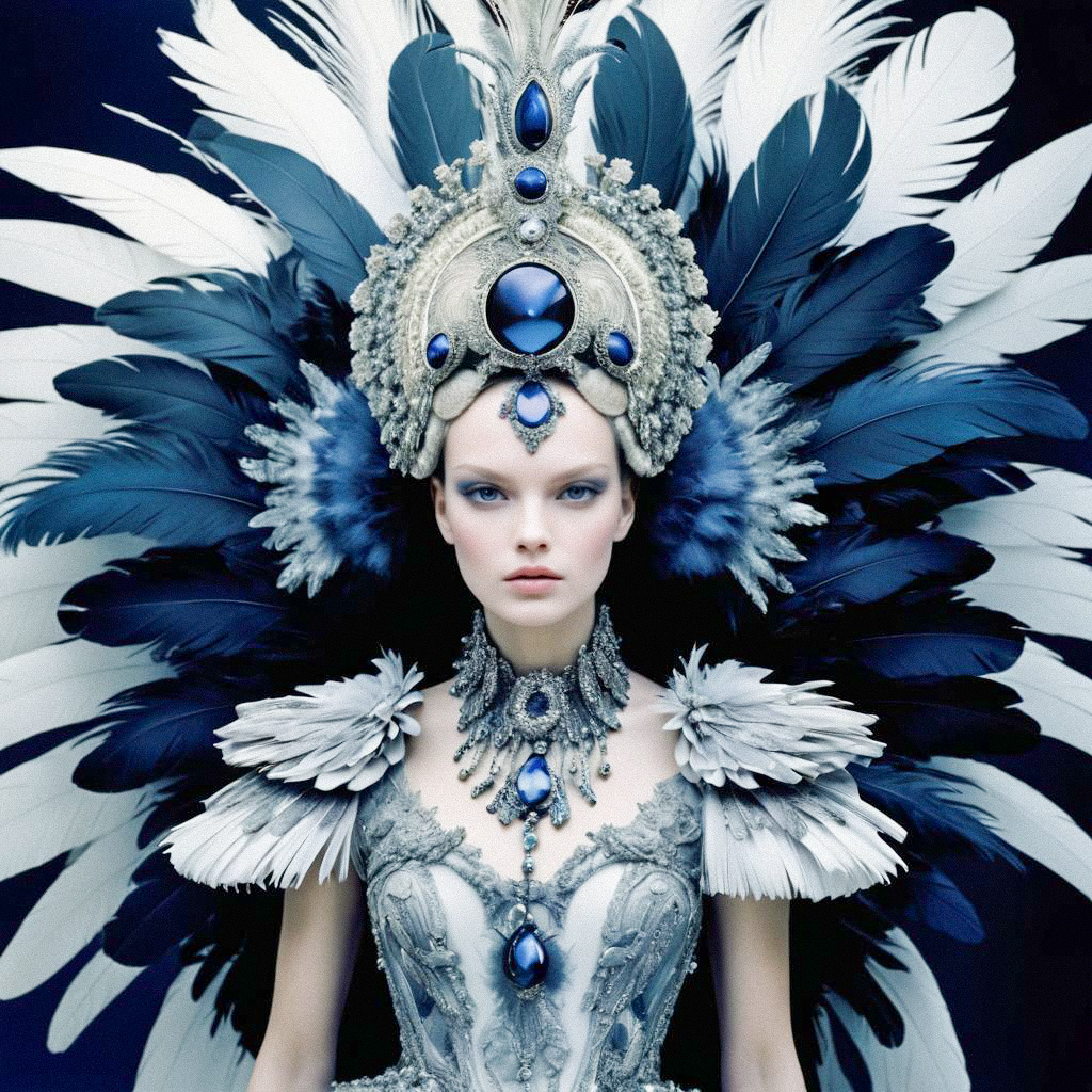 Ethereal Woman in Ice-Blue Attire with Feather Headdress