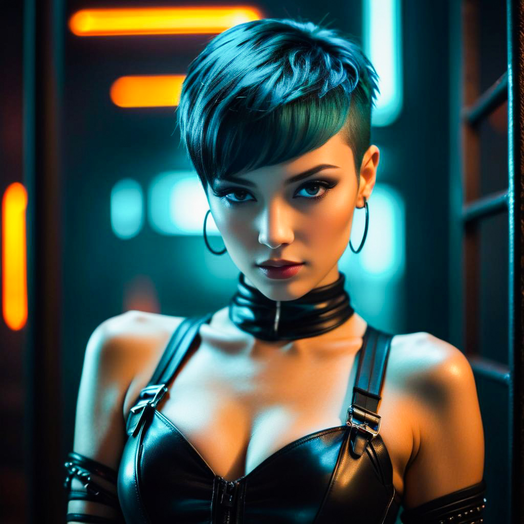 Confident Woman in Bold Leather Outfit with Neon Lighting